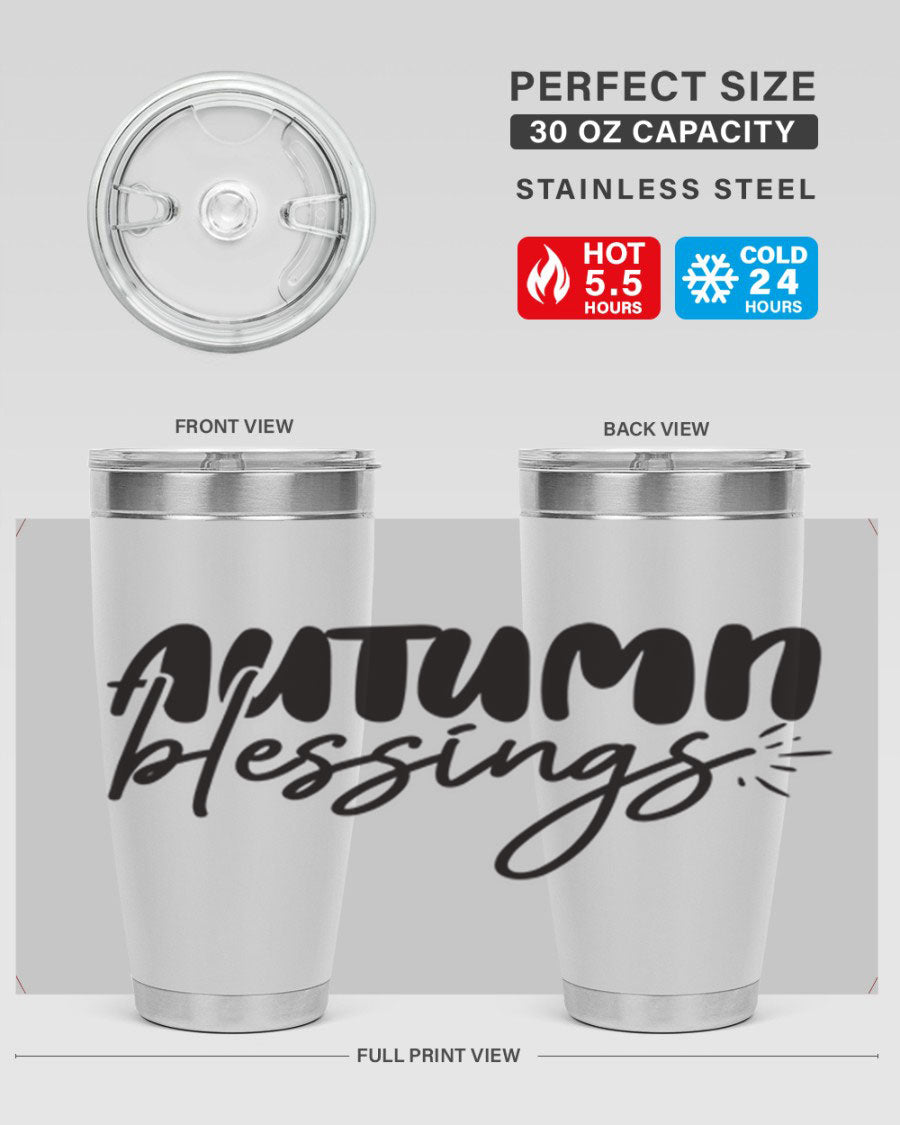 Autumn Blessings 20oz Tumbler featuring double wall vacuum stainless steel design with a festive Thanksgiving theme.