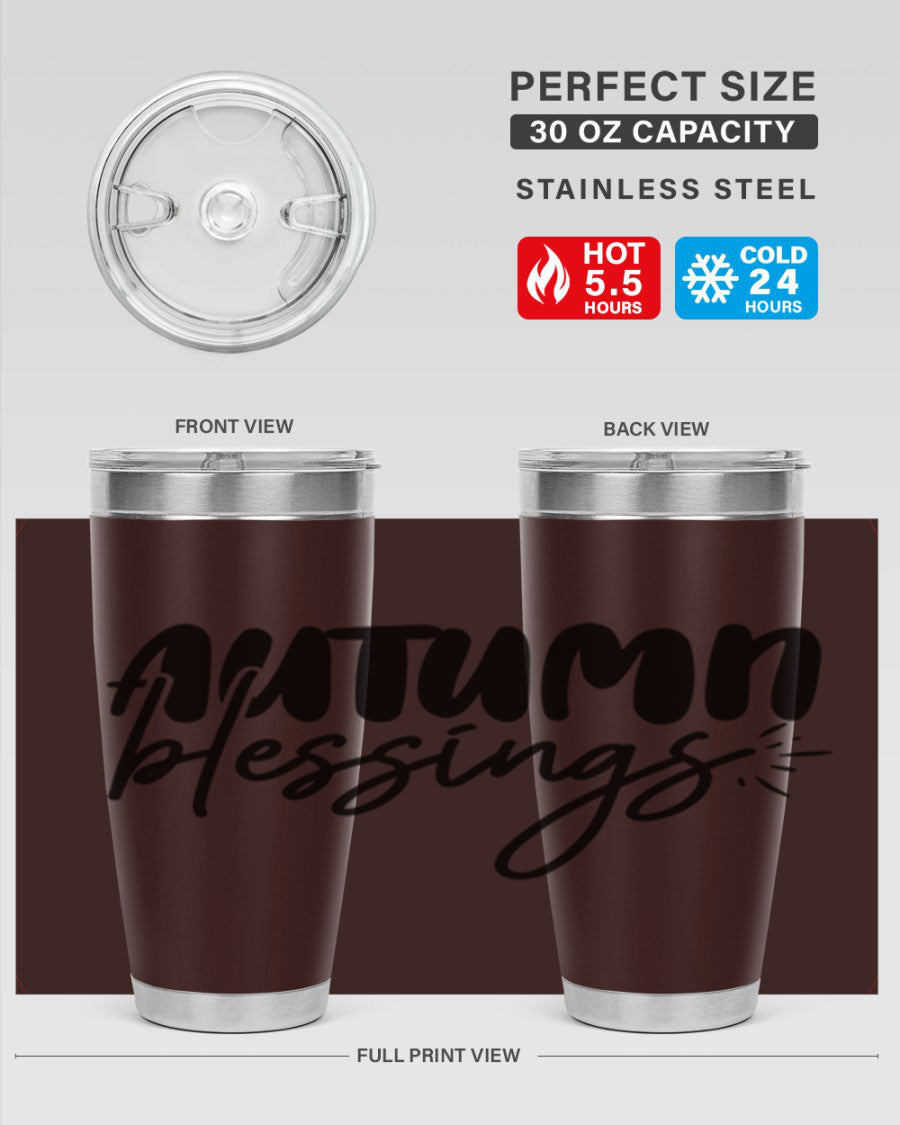 Autumn Blessings 20oz Tumbler featuring double wall vacuum stainless steel design with a festive Thanksgiving theme.