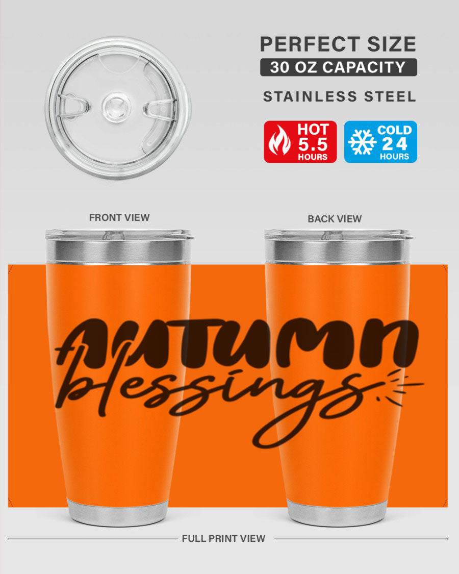 Autumn Blessings 20oz Tumbler featuring double wall vacuum stainless steel design with a festive Thanksgiving theme.