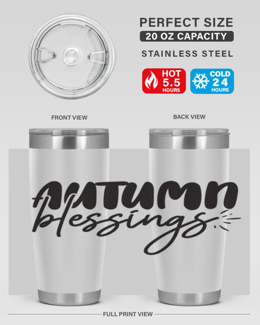 Autumn Blessings 20oz Tumbler featuring double wall vacuum stainless steel design with a festive Thanksgiving theme.