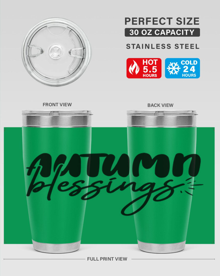 Autumn Blessings 20oz Tumbler featuring double wall vacuum stainless steel design with a festive Thanksgiving theme.