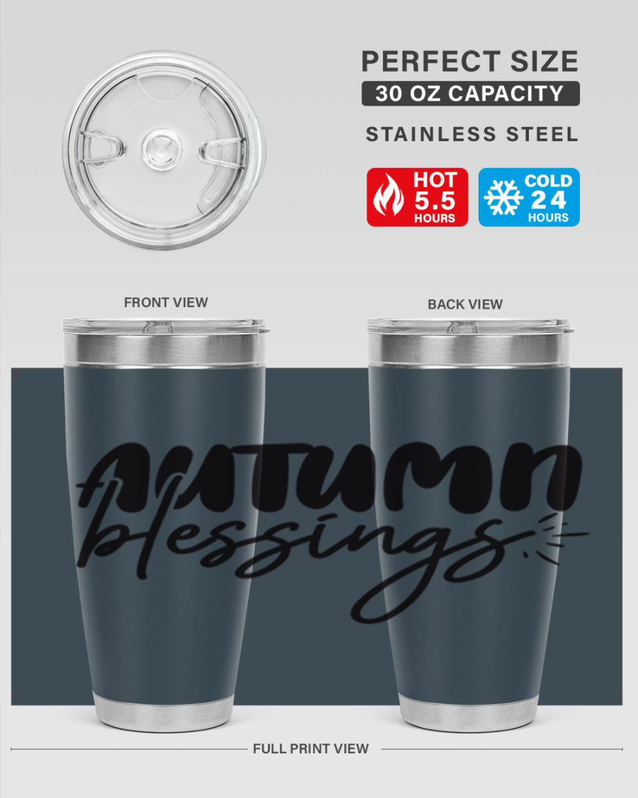 Autumn Blessings 20oz Tumbler featuring double wall vacuum stainless steel design with a festive Thanksgiving theme.