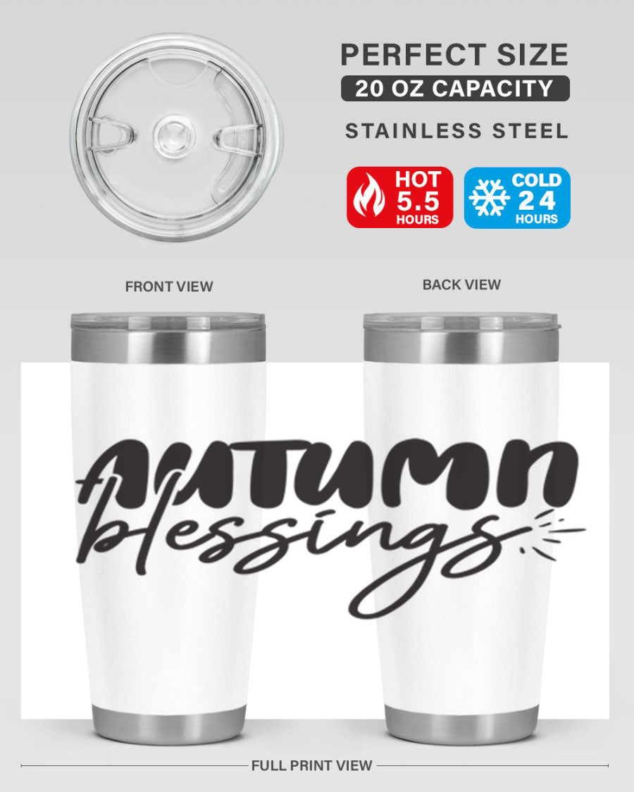 Autumn Blessings 20oz Tumbler featuring double wall vacuum stainless steel design with a festive Thanksgiving theme.