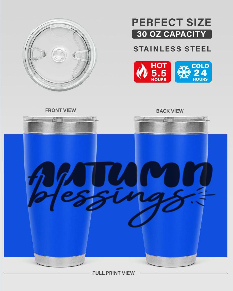 Autumn Blessings 20oz Tumbler featuring double wall vacuum stainless steel design with a festive Thanksgiving theme.