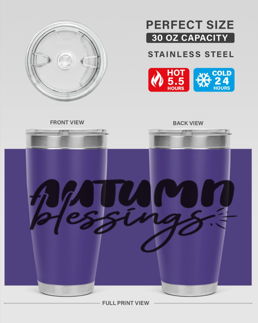 Autumn Blessings 20oz Tumbler featuring double wall vacuum stainless steel design with a festive Thanksgiving theme.