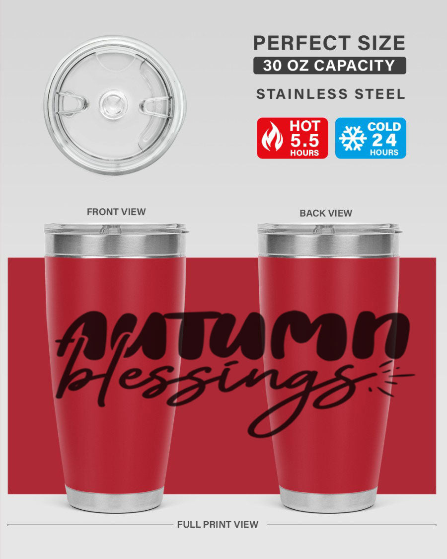 Autumn Blessings 20oz Tumbler featuring double wall vacuum stainless steel design with a festive Thanksgiving theme.