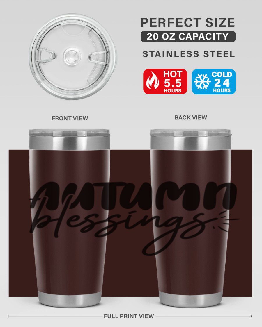 Autumn Blessings 20oz Tumbler featuring double wall vacuum stainless steel design with a festive Thanksgiving theme.