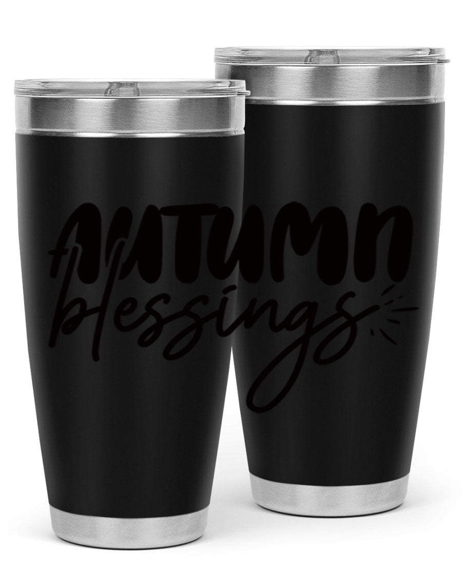 Autumn Blessings 20oz Tumbler featuring double wall vacuum stainless steel design with a festive Thanksgiving theme.