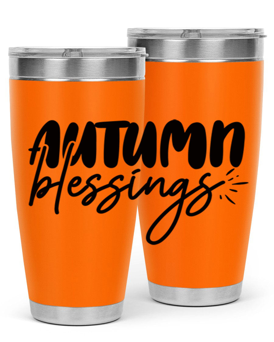 Autumn Blessings 20oz Tumbler featuring double wall vacuum stainless steel design with a festive Thanksgiving theme.