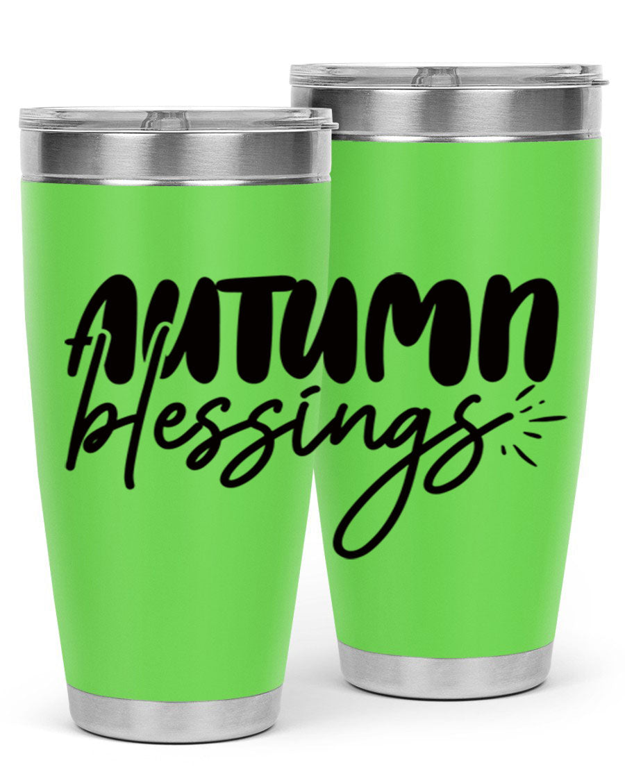 Autumn Blessings 20oz Tumbler featuring double wall vacuum stainless steel design with a festive Thanksgiving theme.