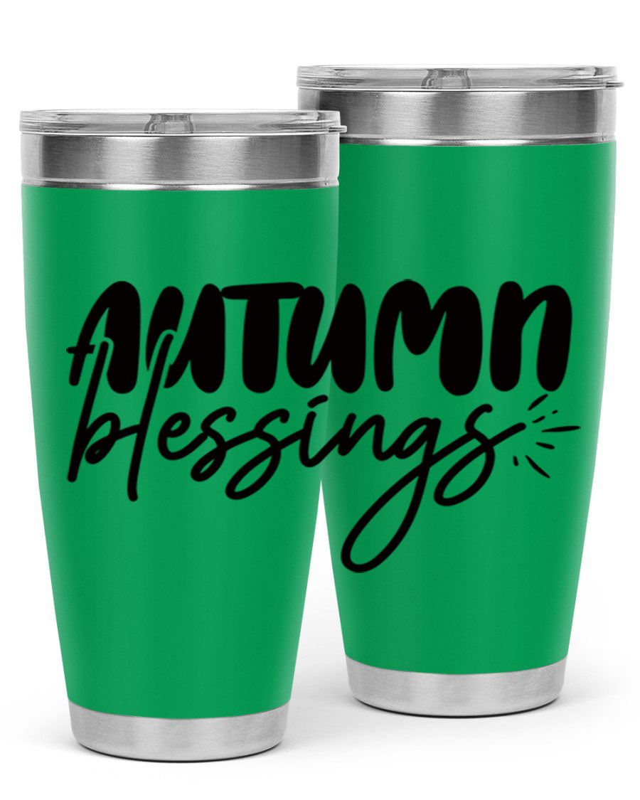 Autumn Blessings 20oz Tumbler featuring double wall vacuum stainless steel design with a festive Thanksgiving theme.