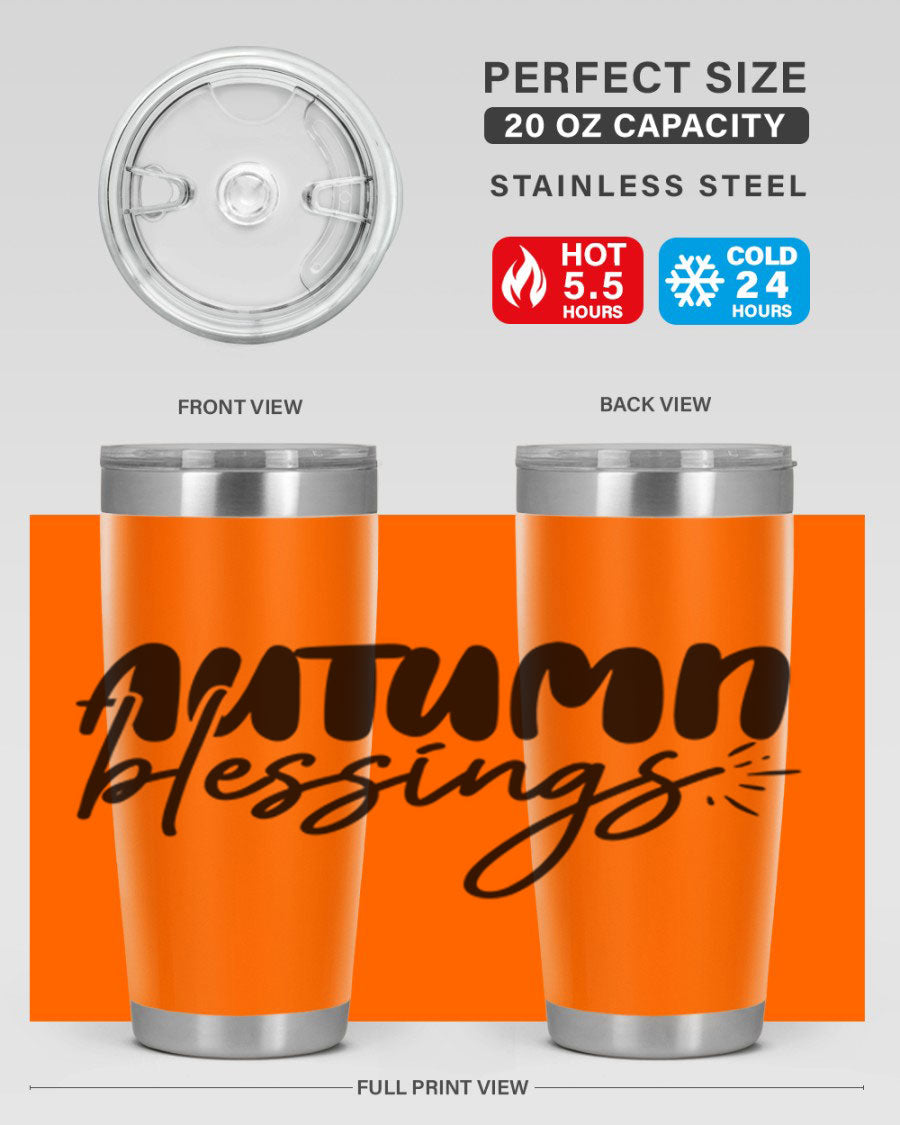 Autumn Blessings 20oz Tumbler featuring double wall vacuum stainless steel design with a festive Thanksgiving theme.