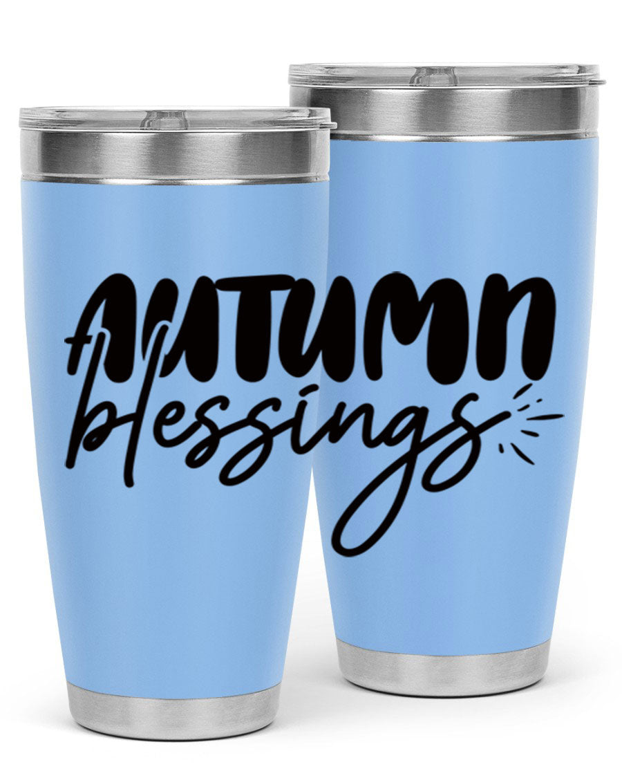 Autumn Blessings 20oz Tumbler featuring double wall vacuum stainless steel design with a festive Thanksgiving theme.