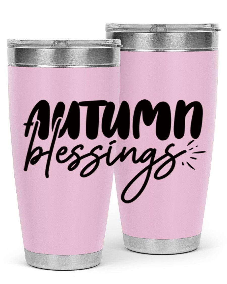 Autumn Blessings 20oz Tumbler featuring double wall vacuum stainless steel design with a festive Thanksgiving theme.