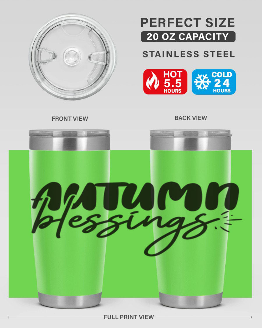 Autumn Blessings 20oz Tumbler featuring double wall vacuum stainless steel design with a festive Thanksgiving theme.