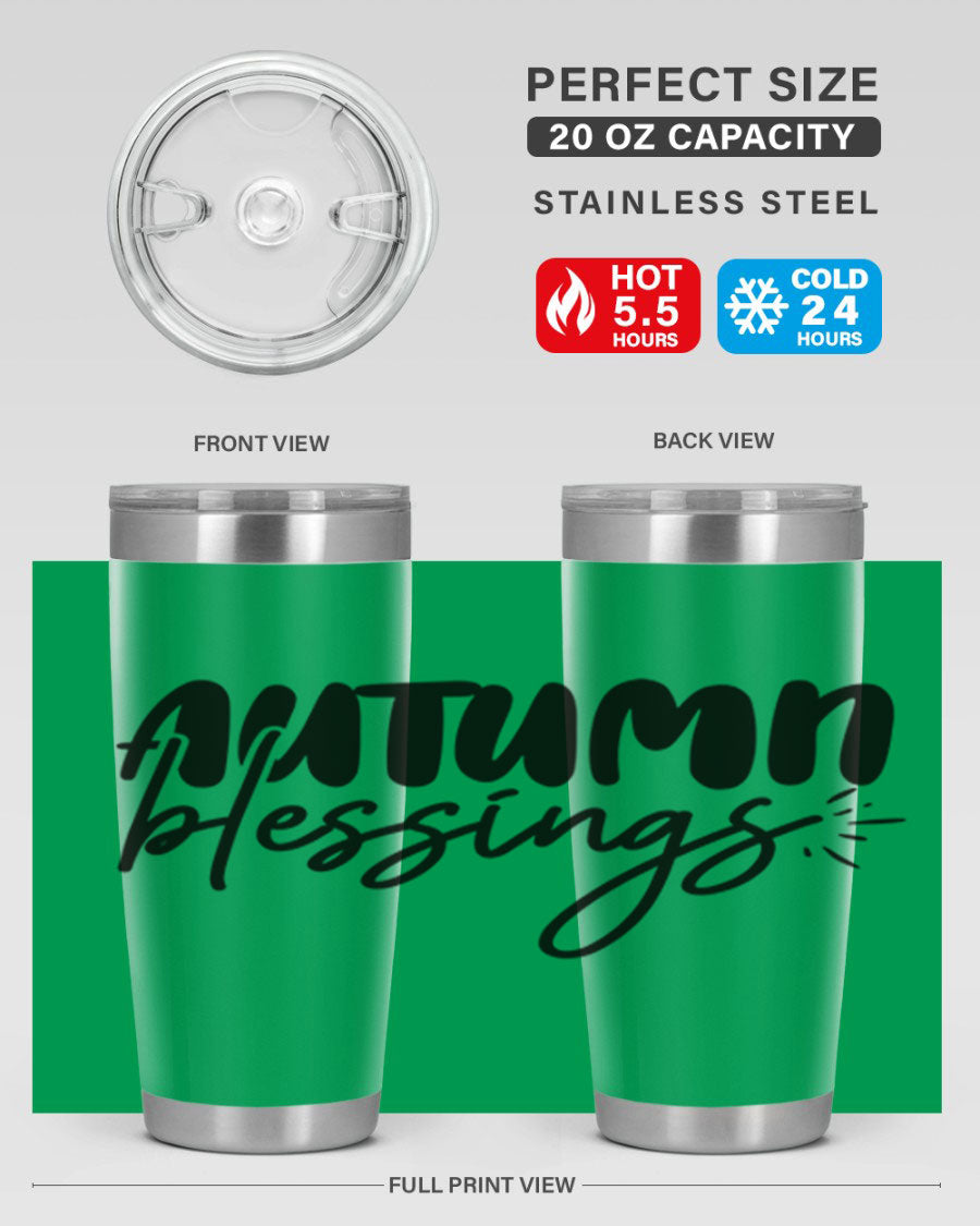 Autumn Blessings 20oz Tumbler featuring double wall vacuum stainless steel design with a festive Thanksgiving theme.