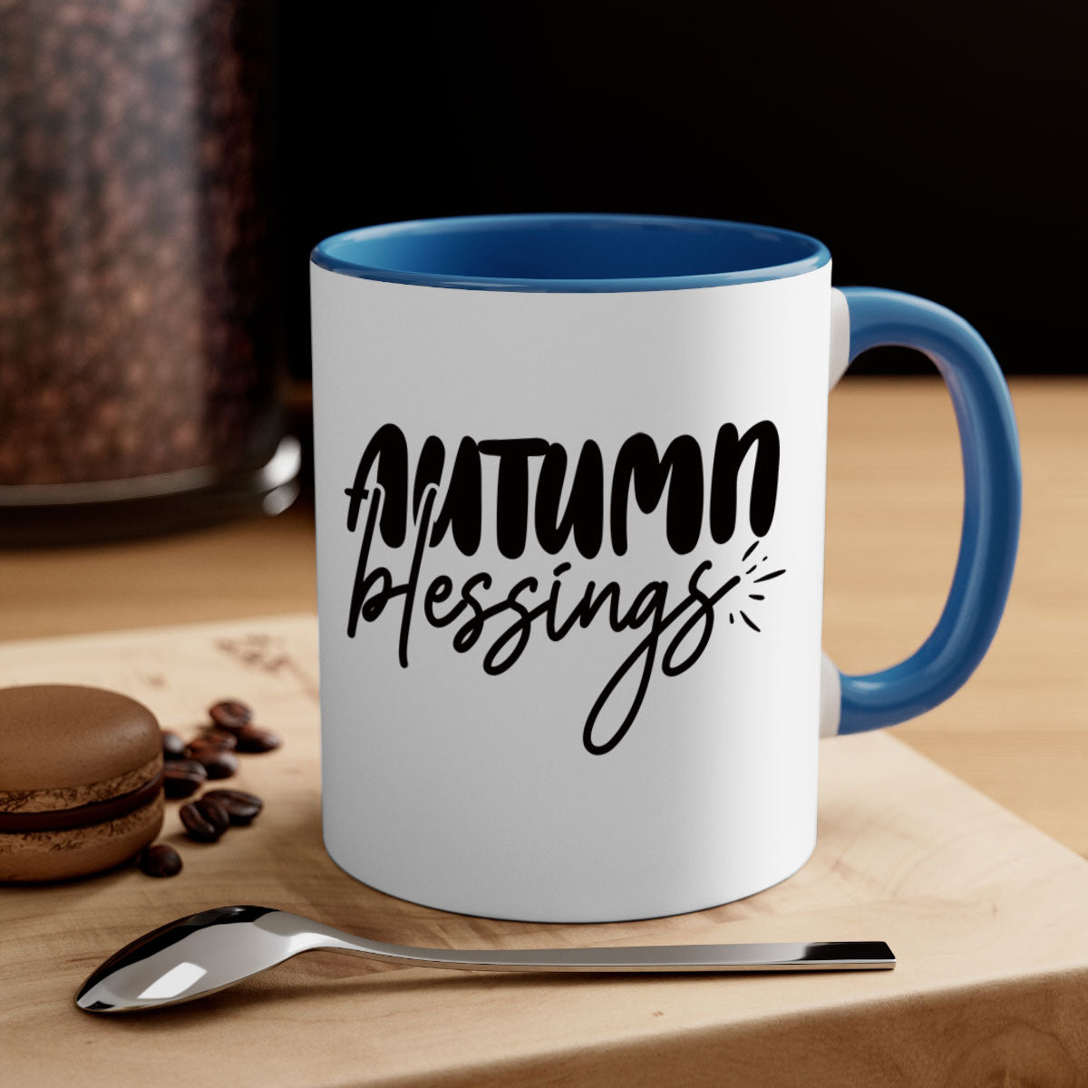 Autumn Blessings Mug featuring a two-tone design with a colored handle and glossy finish, available in multiple colors and sizes.