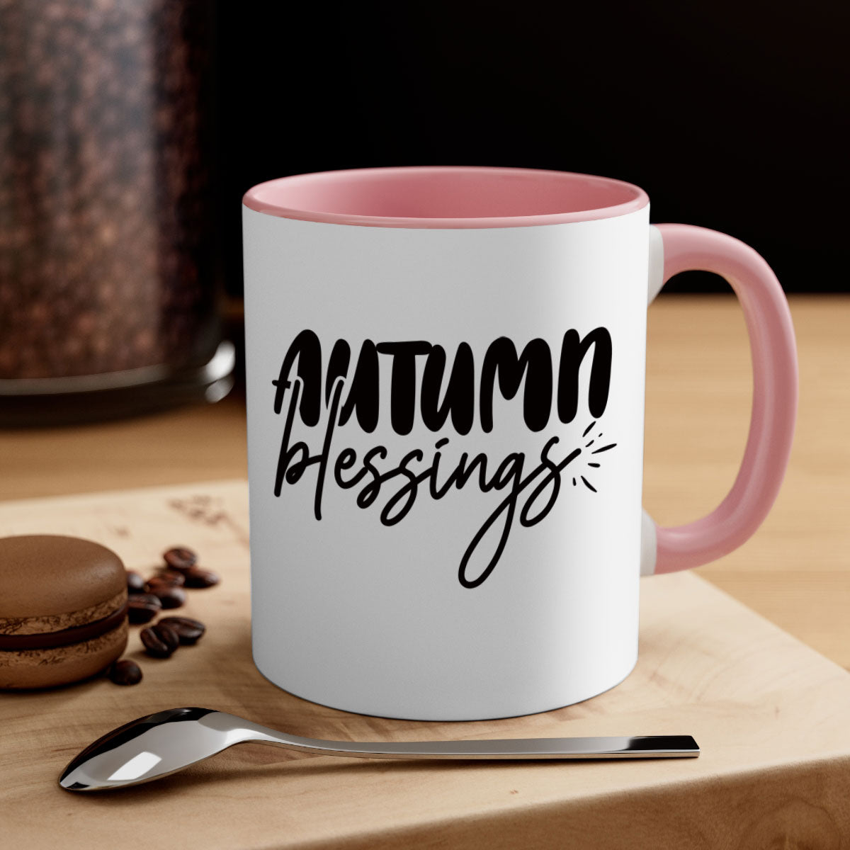 Autumn Blessings Mug featuring a two-tone design with a colored handle and glossy finish, available in multiple colors and sizes.