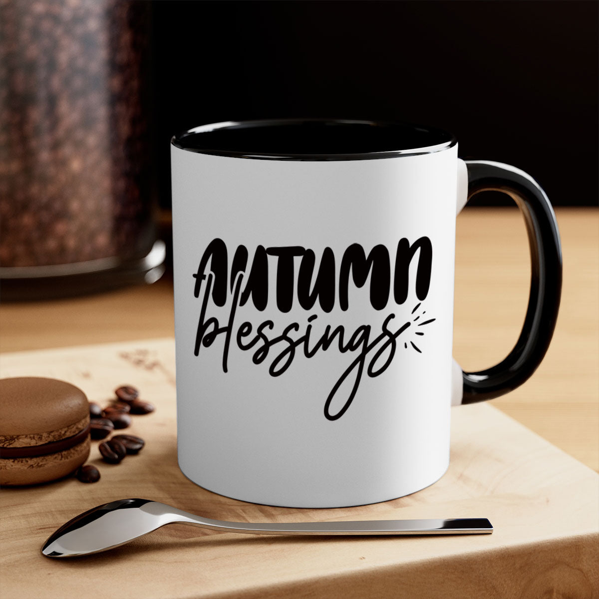 Autumn Blessings Mug featuring a two-tone design with a colored handle and glossy finish, available in multiple colors and sizes.