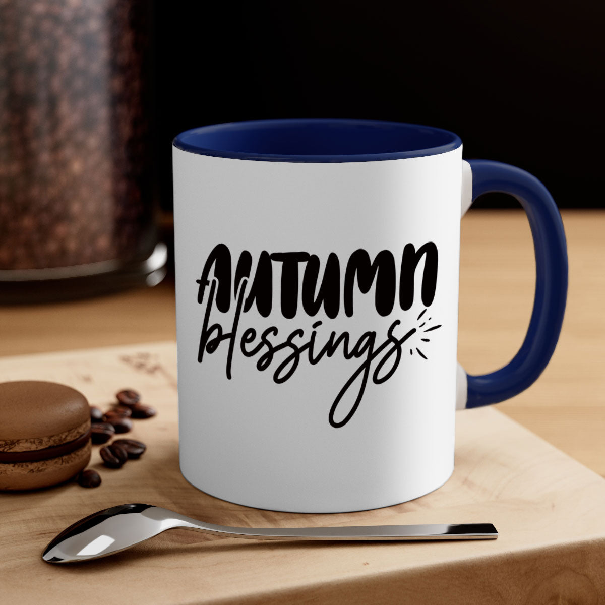 Autumn Blessings Mug featuring a two-tone design with a colored handle and glossy finish, available in multiple colors and sizes.