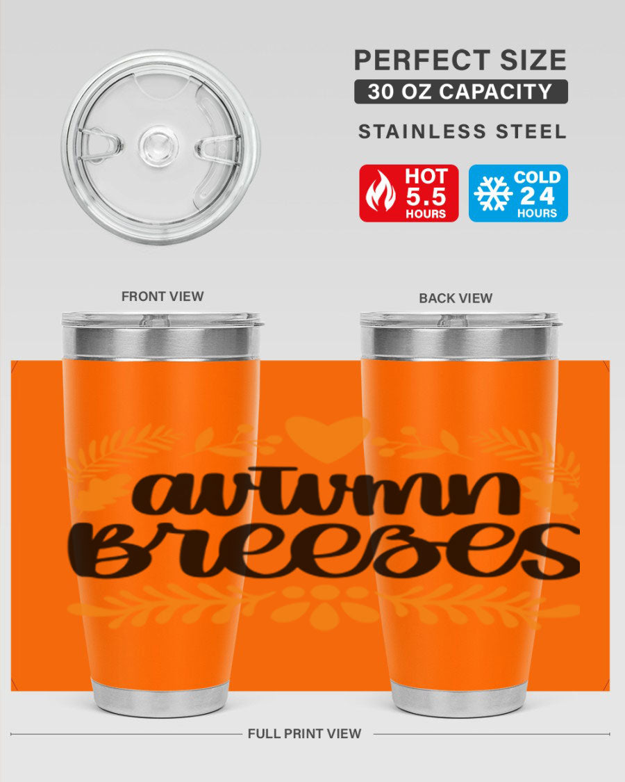 Autumn Breezes 474# tumbler in stainless steel with a vibrant autumn design, featuring a drink-thru lid and double wall insulation.