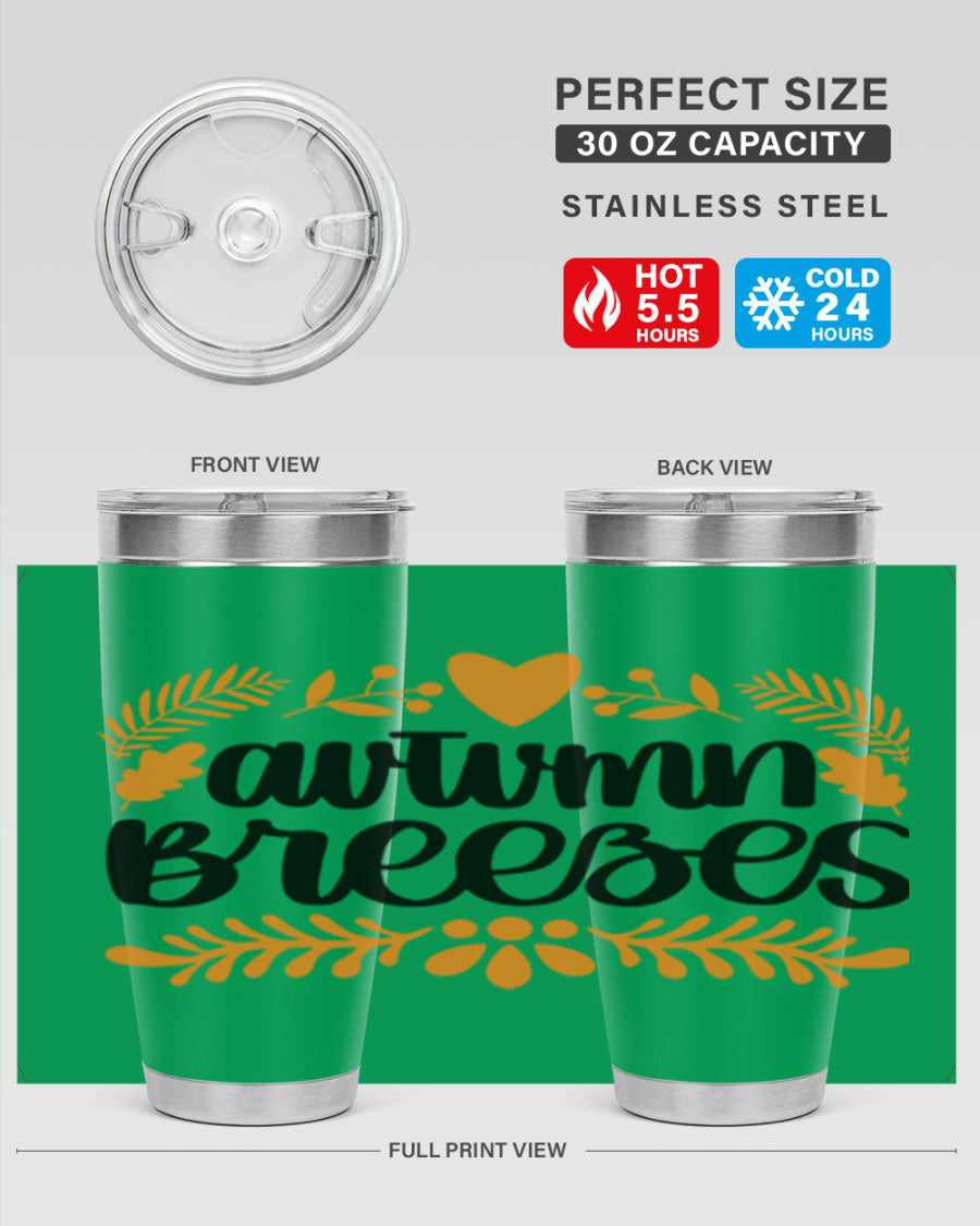 Autumn Breezes 474# tumbler in stainless steel with a vibrant autumn design, featuring a drink-thru lid and double wall insulation.