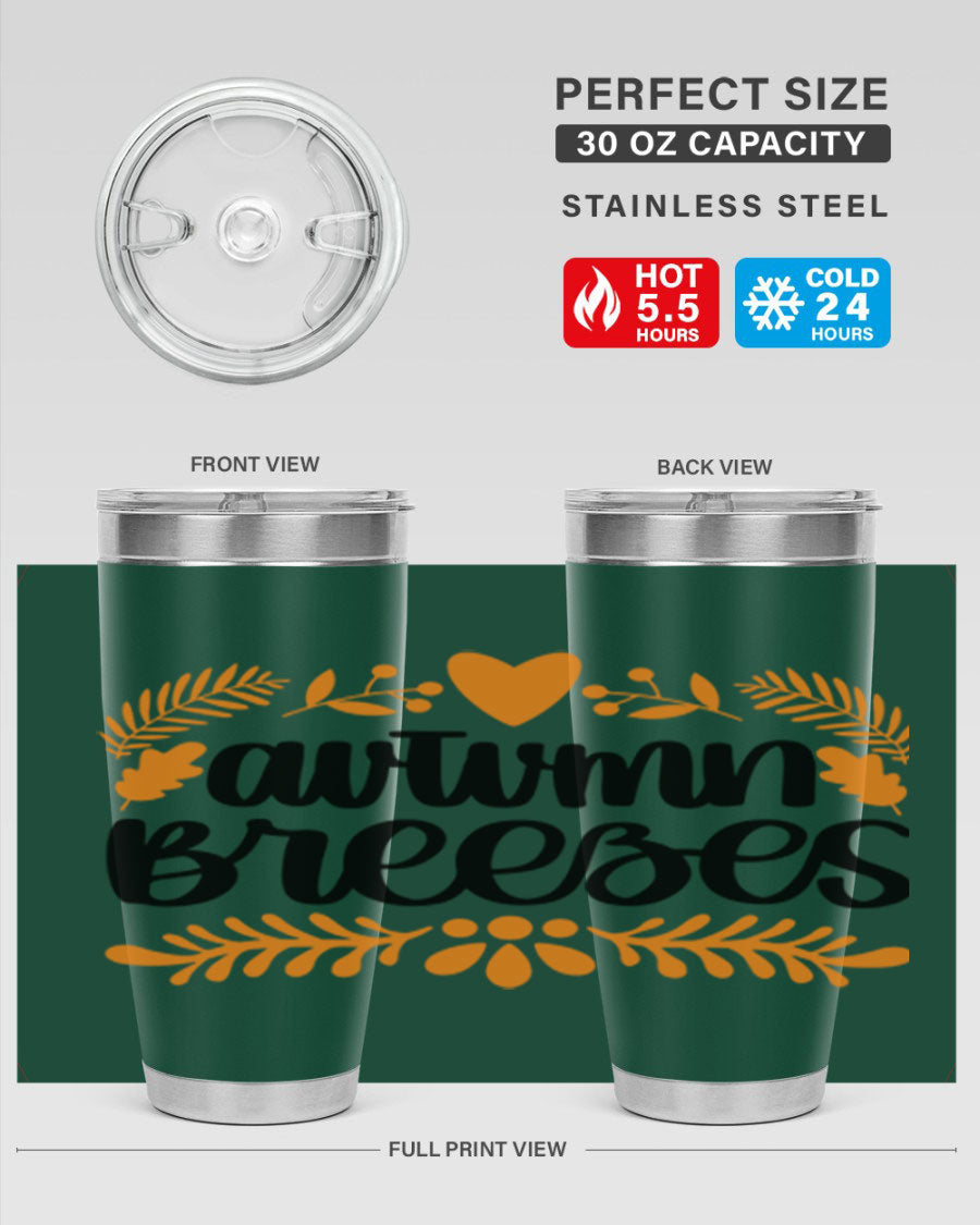 Autumn Breezes 474# tumbler in stainless steel with a vibrant autumn design, featuring a drink-thru lid and double wall insulation.