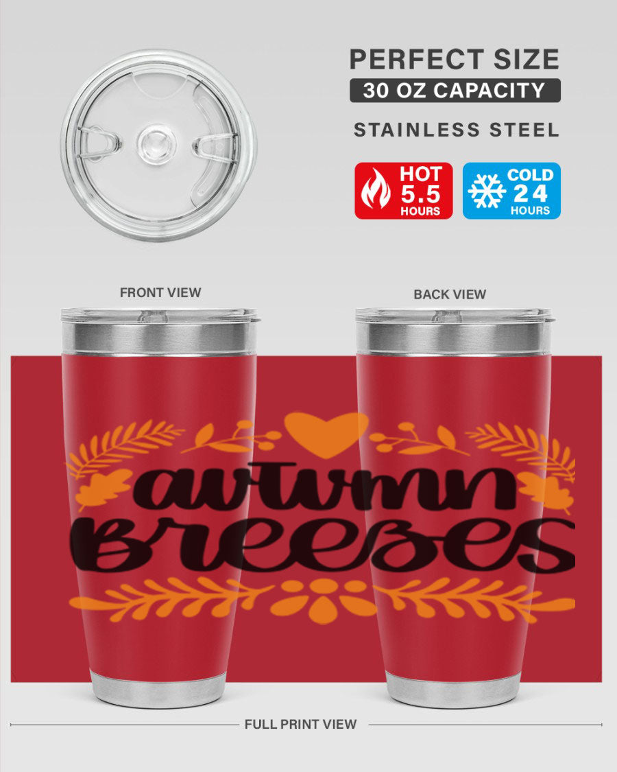 Autumn Breezes 474# tumbler in stainless steel with a vibrant autumn design, featuring a drink-thru lid and double wall insulation.