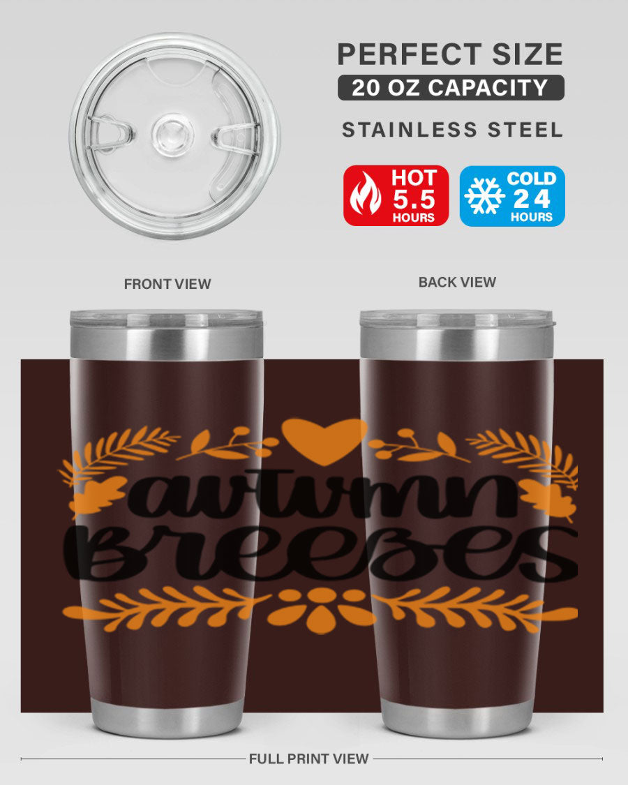 Autumn Breezes 474# tumbler in stainless steel with a vibrant autumn design, featuring a drink-thru lid and double wall insulation.