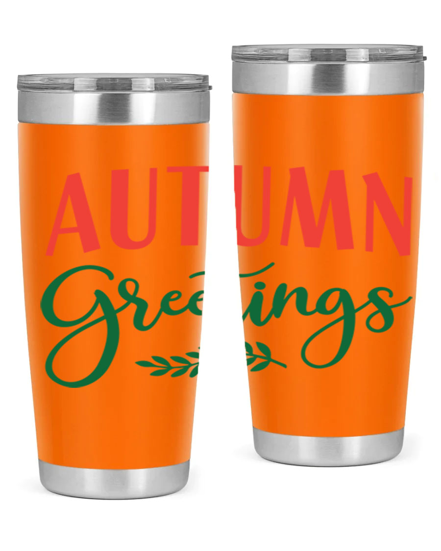 Autumn Greetings 14# Tumbler featuring a fall-themed design, double wall vacuum stainless steel construction, and a press-in drink-thru lid.