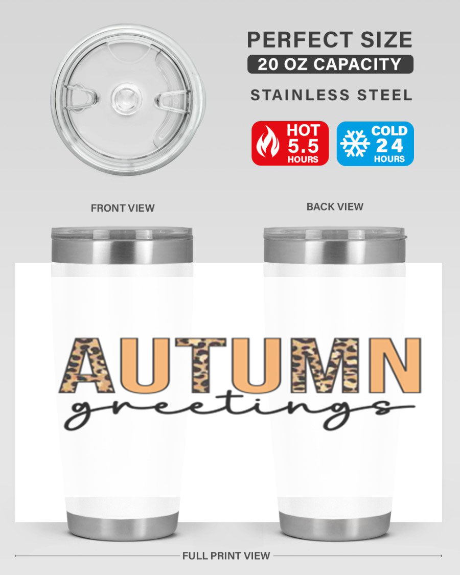 Autumn Greetings Tumbler featuring fall-themed design, double wall vacuum stainless steel, and a press-in drink-thru lid.