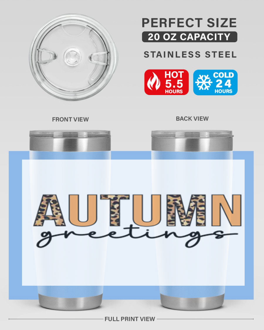 Autumn Greetings Tumbler featuring fall-themed design, double wall vacuum stainless steel, and a press-in drink-thru lid.