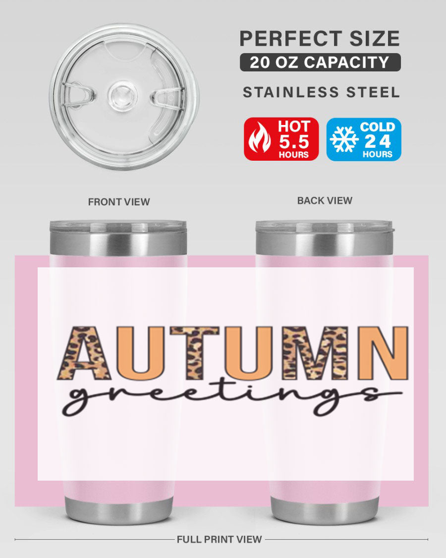 Autumn Greetings Tumbler featuring fall-themed design, double wall vacuum stainless steel, and a press-in drink-thru lid.