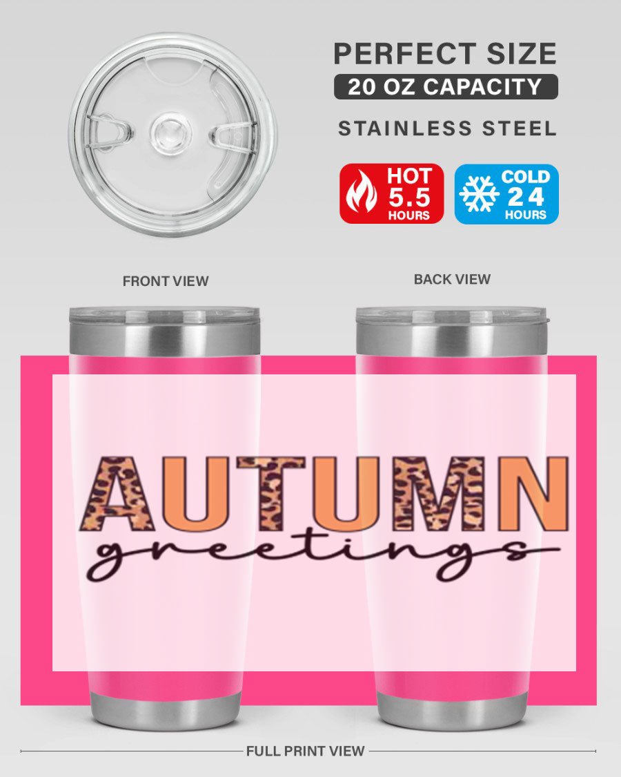 Autumn Greetings Tumbler featuring fall-themed design, double wall vacuum stainless steel, and a press-in drink-thru lid.