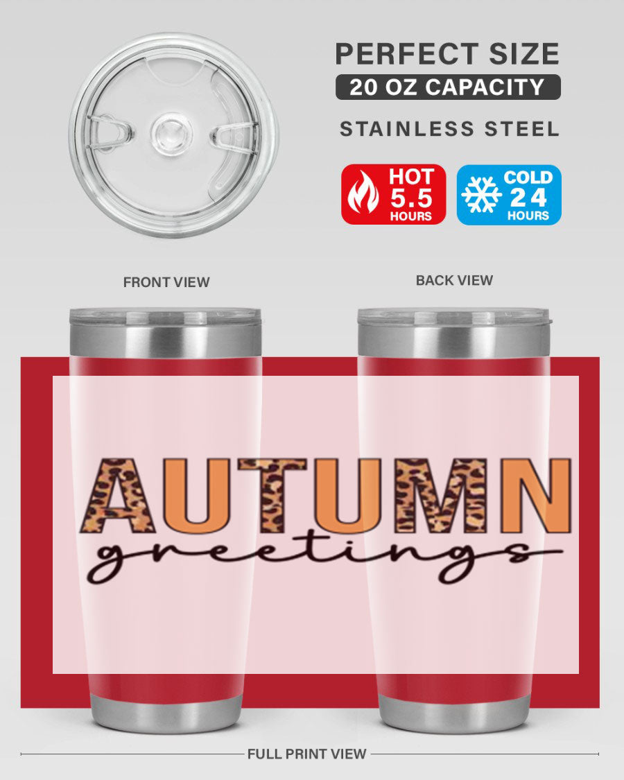 Autumn Greetings Tumbler featuring fall-themed design, double wall vacuum stainless steel, and a press-in drink-thru lid.