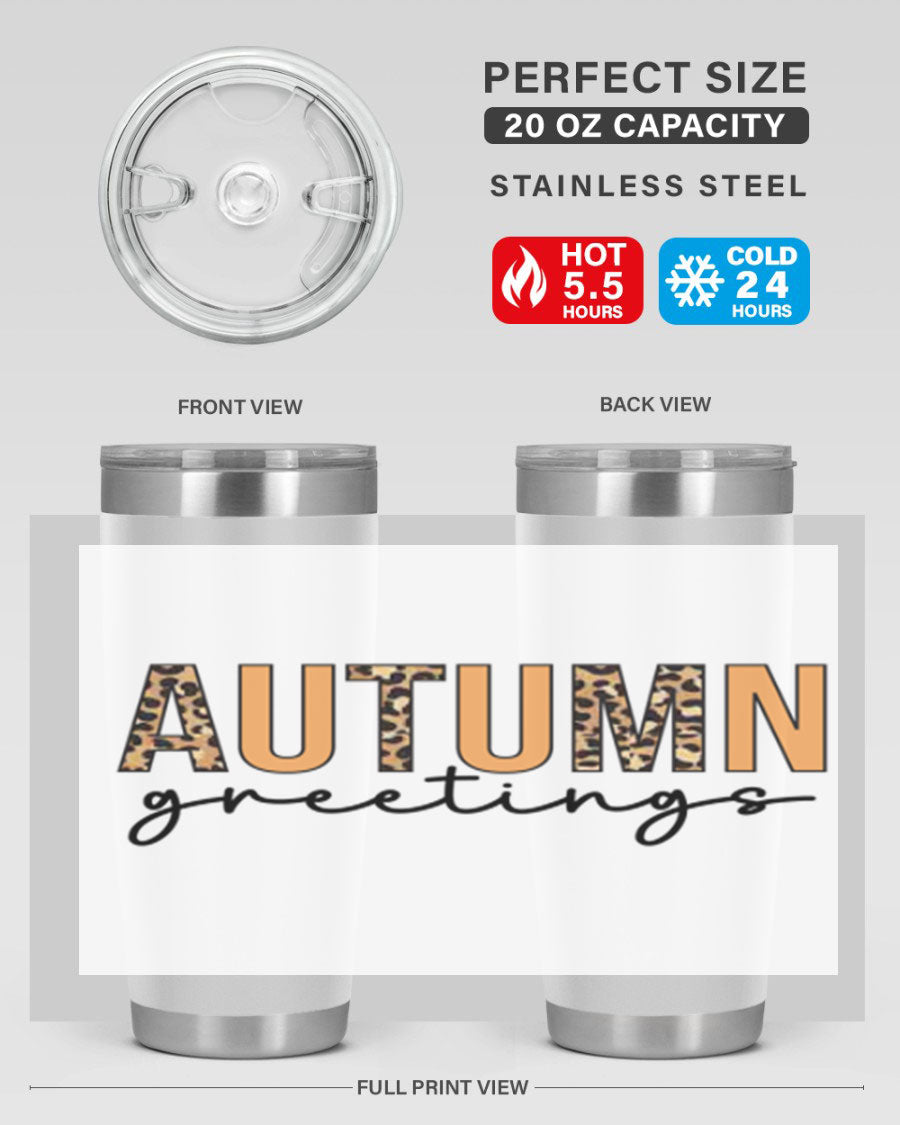 Autumn Greetings Tumbler featuring fall-themed design, double wall vacuum stainless steel, and a press-in drink-thru lid.