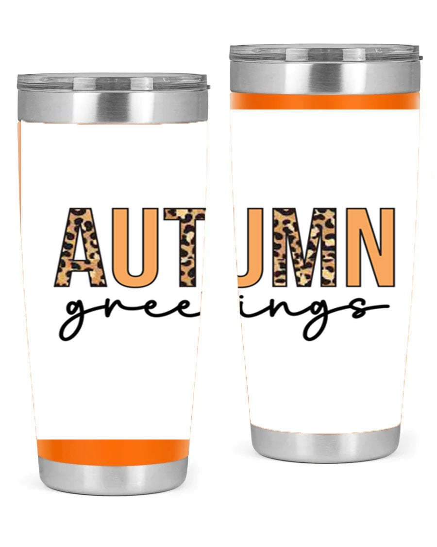 Autumn Greetings Tumbler featuring fall-themed design, double wall vacuum stainless steel, and a press-in drink-thru lid.