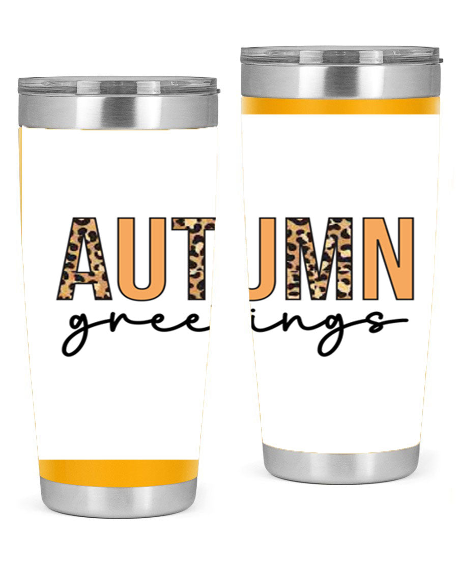 Autumn Greetings Tumbler featuring fall-themed design, double wall vacuum stainless steel, and a press-in drink-thru lid.