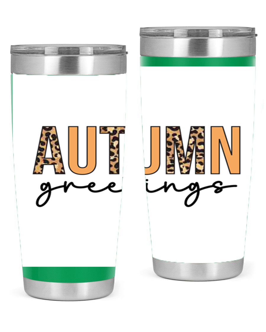 Autumn Greetings Tumbler featuring fall-themed design, double wall vacuum stainless steel, and a press-in drink-thru lid.