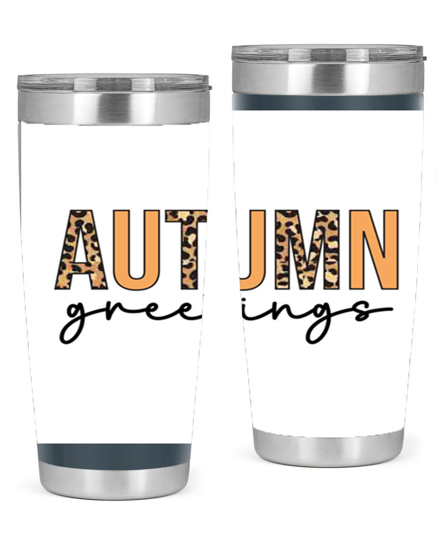 Autumn Greetings Tumbler featuring fall-themed design, double wall vacuum stainless steel, and a press-in drink-thru lid.