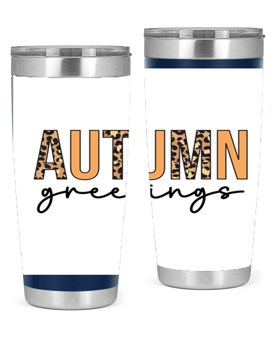 Autumn Greetings Tumbler featuring fall-themed design, double wall vacuum stainless steel, and a press-in drink-thru lid.