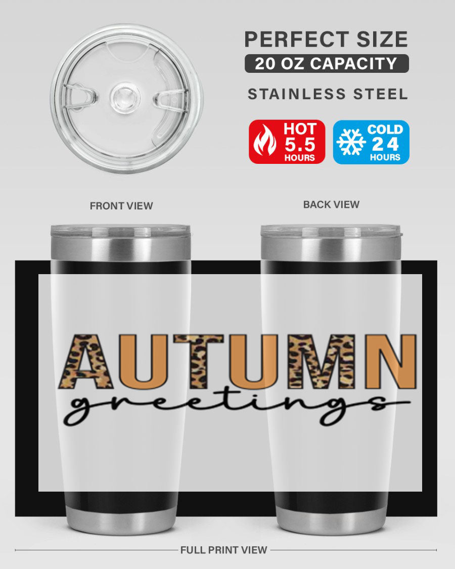 Autumn Greetings Tumbler featuring fall-themed design, double wall vacuum stainless steel, and a press-in drink-thru lid.