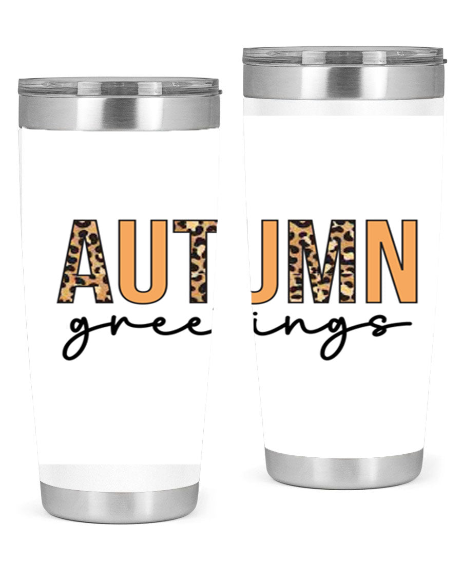 Autumn Greetings Tumbler featuring fall-themed design, double wall vacuum stainless steel, and a press-in drink-thru lid.