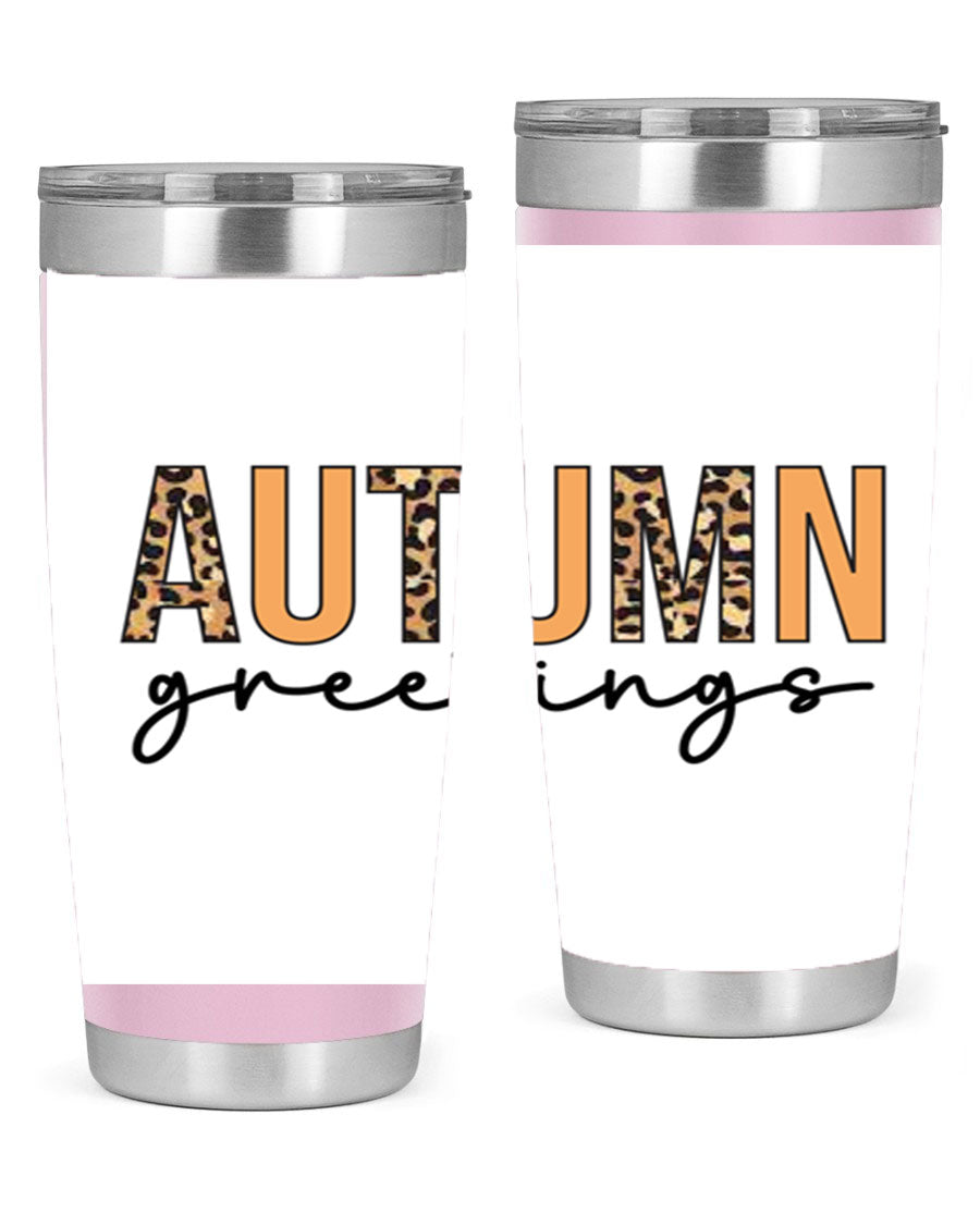 Autumn Greetings Tumbler featuring fall-themed design, double wall vacuum stainless steel, and a press-in drink-thru lid.