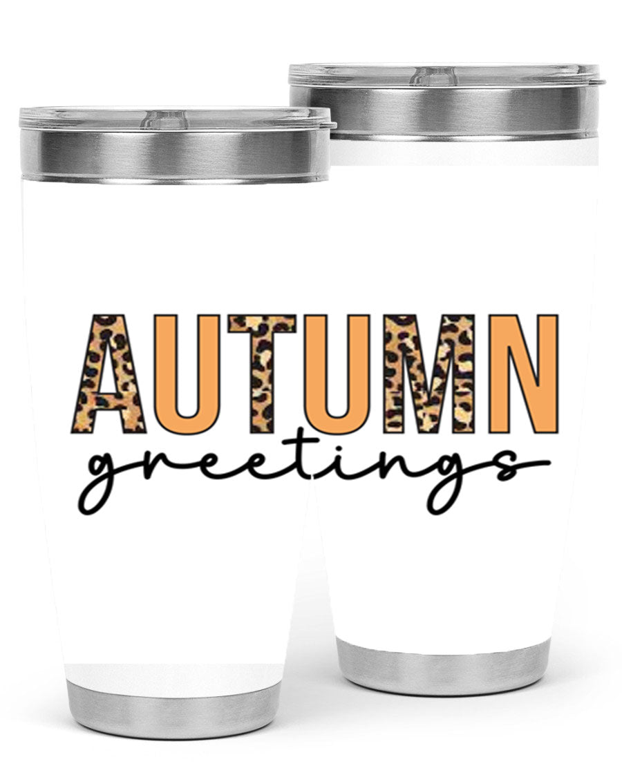 Autumn Greetings Tumbler featuring fall-themed design, double wall vacuum stainless steel, and a press-in drink-thru lid.