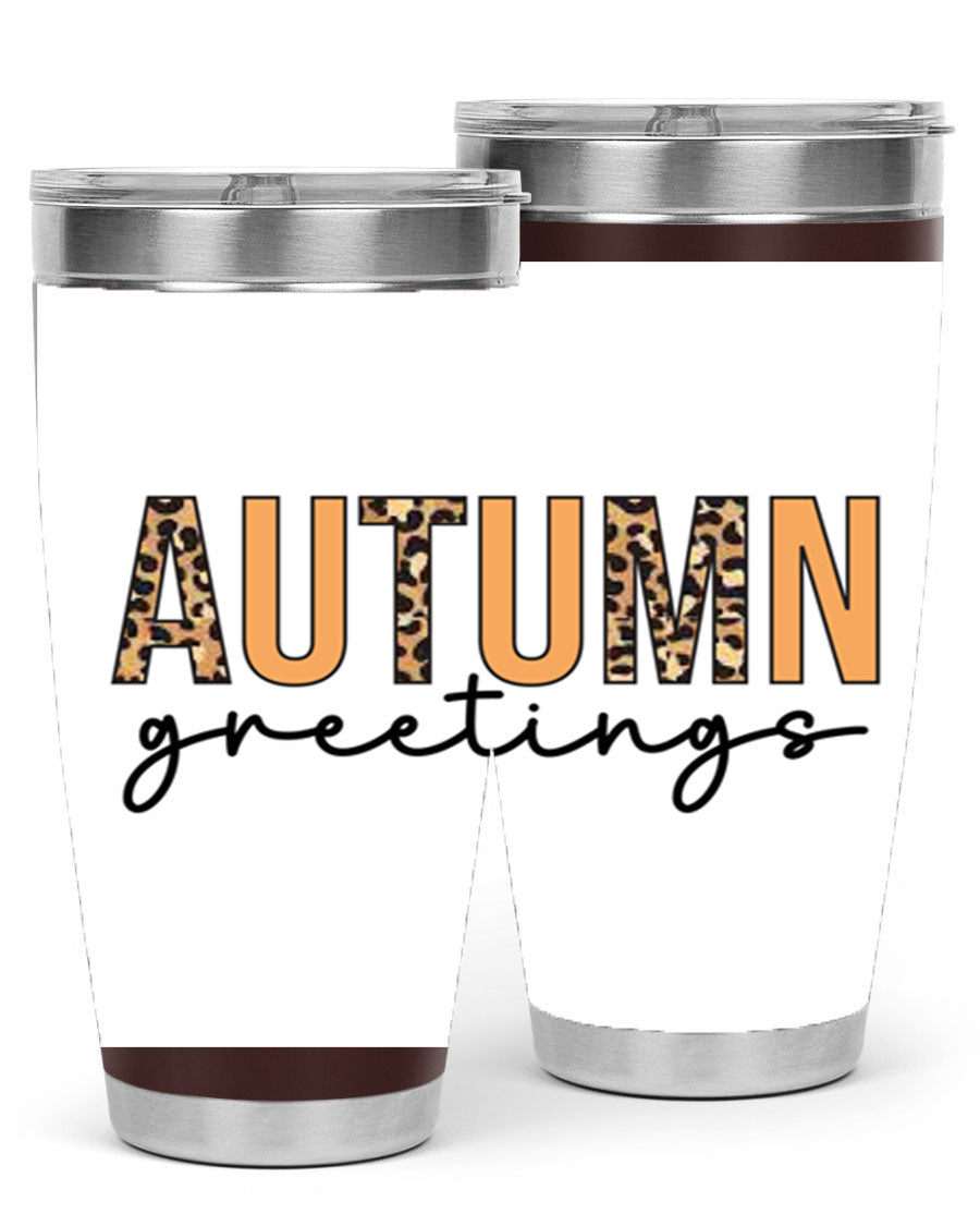 Autumn Greetings Tumbler featuring fall-themed design, double wall vacuum stainless steel, and a press-in drink-thru lid.