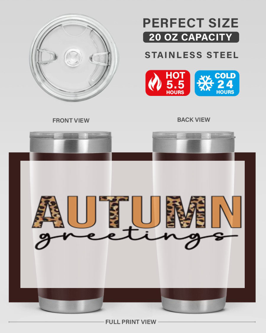 Autumn Greetings Tumbler featuring fall-themed design, double wall vacuum stainless steel, and a press-in drink-thru lid.