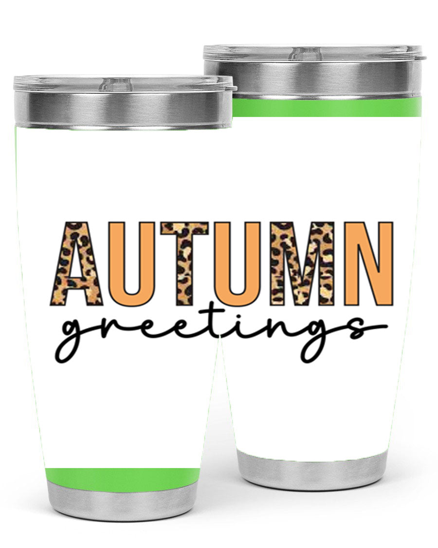 Autumn Greetings Tumbler featuring fall-themed design, double wall vacuum stainless steel, and a press-in drink-thru lid.