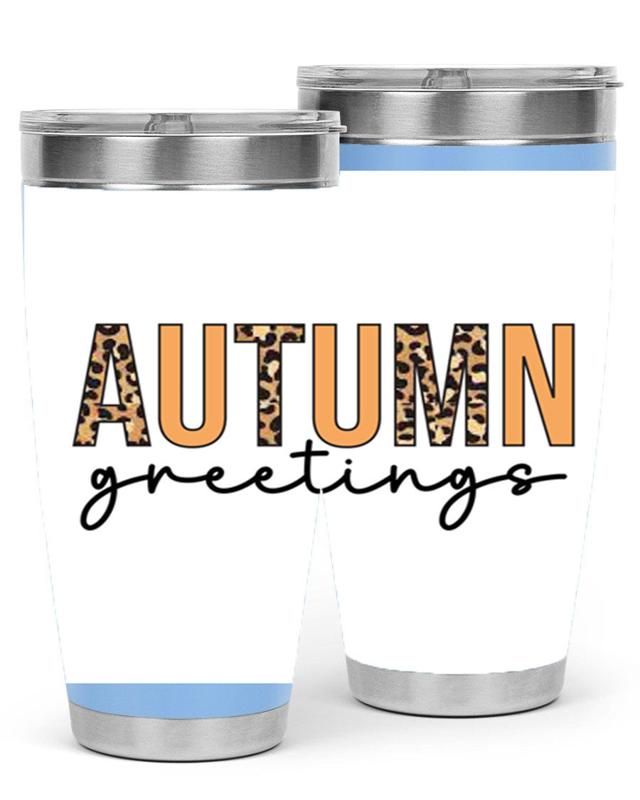 Autumn Greetings Tumbler featuring fall-themed design, double wall vacuum stainless steel, and a press-in drink-thru lid.