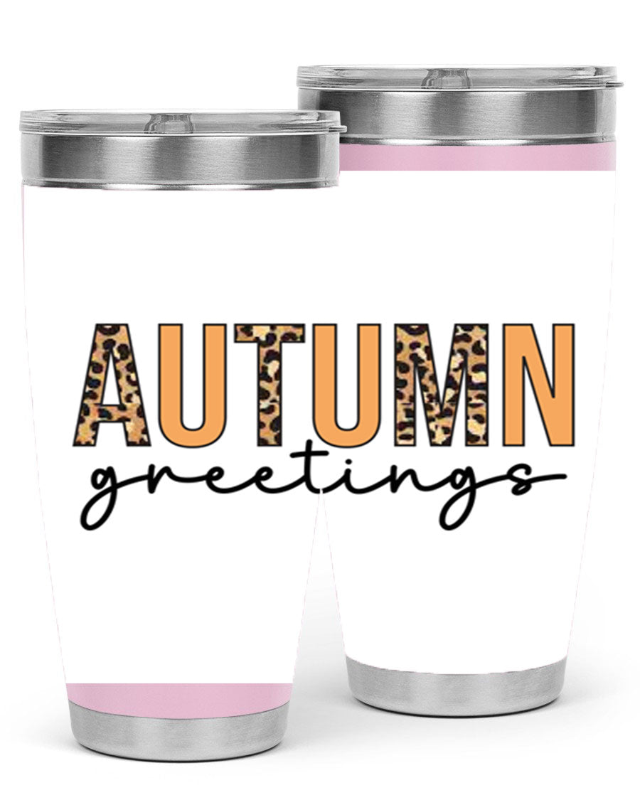 Autumn Greetings Tumbler featuring fall-themed design, double wall vacuum stainless steel, and a press-in drink-thru lid.